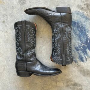 Vintage Lucchese Black Teju Lizard Cowboy Western Boots Size 9B